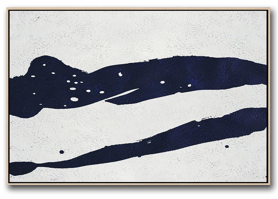 Horizontal Navy Painting Abstract Minimalist Art On Canvas - Silver Canvas Wall Art Large